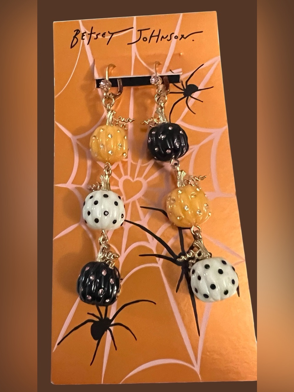 Betsey Johnson Black, White & Orange Pumpkin Drop Earrings